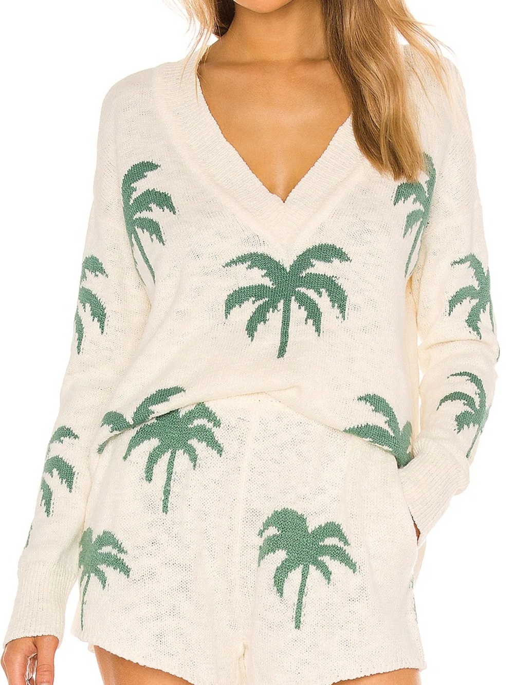 Show Me Your MuMu Cream V-Neck Sweater with Green Palm Trees